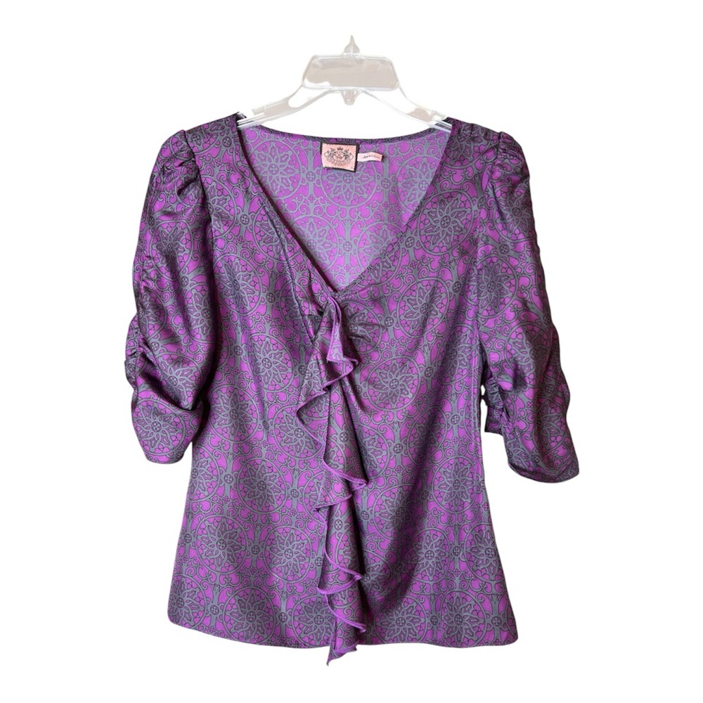 Juicy Couture Women’s Deep V-Neck Cascading Ruffle Trim 3/4 Sleeve Blouse SZ 4